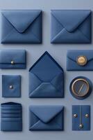 AI generated Set of realistic blue envelope layouts on a blue background photo