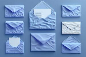 AI generated Set of realistic blue envelope layouts on a blue background photo