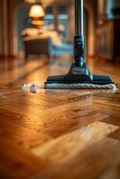 AI generated Cleaning the parquet floor of the house with a cleaning vacuum cleaner photo