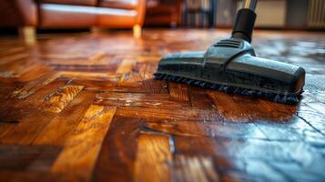 AI generated Cleaning the parquet floor of the house with a cleaning vacuum cleaner photo