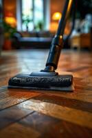 AI generated Cleaning the parquet floor of the house with a cleaning vacuum cleaner photo