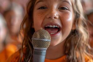 ai generado un Adolescente niña canta un canción dentro un micrófono en frente de niños foto