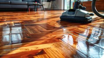 AI generated Cleaning the parquet floor of the house with a cleaning vacuum cleaner photo