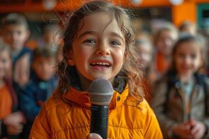 ai generado un Adolescente niña canta un canción dentro un micrófono en frente de niños foto