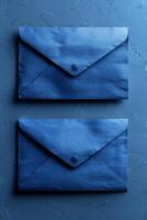 AI generated Set of realistic blue envelope layouts on a blue background photo