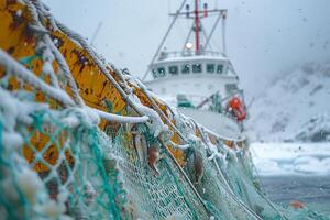 AI generated A fishing ship drags a net with fish in the sultry winter photo