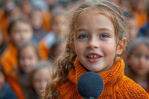 ai generado un Adolescente niña canta un canción dentro un micrófono en frente de niños foto