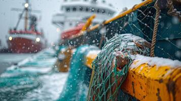 AI generated A fishing ship drags a net with fish in the sultry winter photo