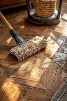 AI generated Cleaning the parquet floor of the house with a cleaning vacuum cleaner photo