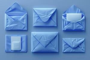 AI generated Set of realistic blue envelope layouts on a blue background photo