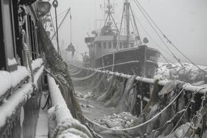 AI generated A fishing ship drags a net with fish in the sultry winter photo