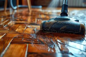 AI generated Cleaning the parquet floor of the house with a cleaning vacuum cleaner photo