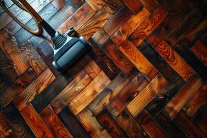 AI generated Cleaning the parquet floor of the house with a cleaning vacuum cleaner photo