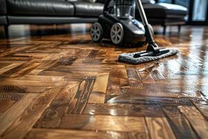 AI generated Cleaning the parquet floor of the house with a cleaning vacuum cleaner photo