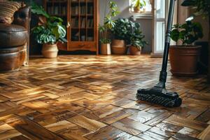 AI generated Cleaning the parquet floor of the house with a cleaning vacuum cleaner photo