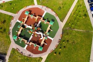 Top view of the New Playground in the new district of Minsk.View from the height of a large children's play area on the street.Belarus photo