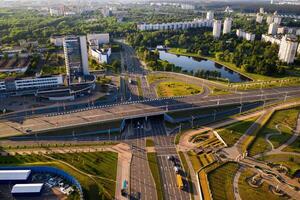 top view from the height of bird flight on Independence Avenue in Minsk.View of a road intersection in Minsk. Belarus. photo