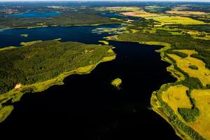 Top view of the Snudy and Strusto lakes in the Braslav lakes National Park, the most beautiful lakes in Belarus.Belarus photo