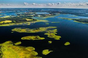 Top view of the Snudy and Strusto lakes in the Braslav lakes National Park, the most beautiful lakes in Belarus.Belarus photo