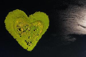 Love island on a lake in Europe, a Green heart-shaped Island on a dark lake with a sparkle from the sun photo