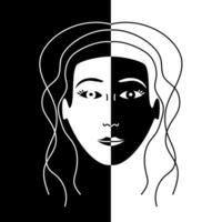 Hand drawn black and white vector of a persons face and facial features with deep shadows and bright lighting. Black and white flash card with high contrast for printed products.