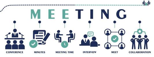 Meeting banner web solid icons. Vector illustration concept with an icon of conference, minutes, meeting time, interview, meet and collaboration