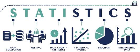 Statistics banner web solid icons. Vector illustration concept including icon as data collection, meeting, data growth statistics, statistical model, pie chart and interpreting data