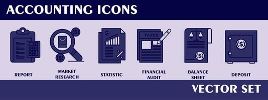 contabilidad iconos conteniendo informe, mercado investigación, estadística, financiero auditoría, equilibrar hoja, depósito, vector conjunto recopilación.