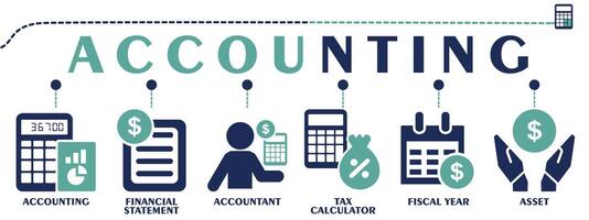 Accounting banner web solid icons. Vector illustration concept with an icon of financial statement, accountant, tax calculator, fiscal year and asset.