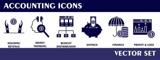 Accounting icons. Containing holding revenue, money thinking, budget distribusion, savings, finance, profit and loss, Vector set collection.