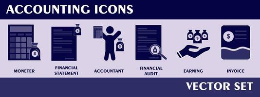 Accounting icons. Containing moneter, financial statement, accountant, financial audit, earning, invoice, Vector set collection.