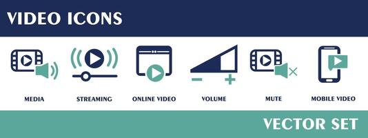 Video icons. Containing media, streaming, online video, volume, mute, mobile video. Flat Design Vector Set.