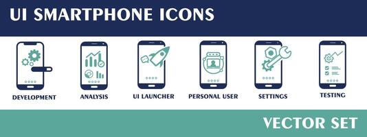 UI Smartphone icons. Containing Development, UI Launcher, Personal User, Settings, Testing, Analysis. Flat Design Vector. vector