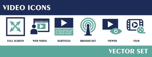 Video icons. Containing full screen, web video, subtitles, broadcast, viewer, film. Flat Design Vector Set.