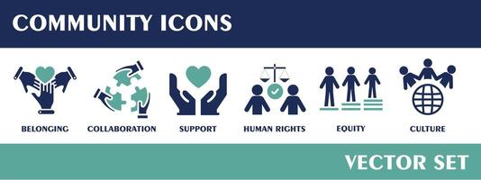 Commnunity icons. Containing belonging, collaboration, support, human rights, equity, culture. Flat Design Vector Set.