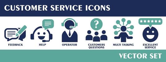 Customer service icons. Containing feedback, help, operator, customers questions, multi tasking, excellent service, Solid icon collection. Vector set.