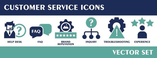 Customer service icons. Containing help desk, faq, brand reputation, inquiry, troubleshooting, experience, Solid icon collection. Vector set.