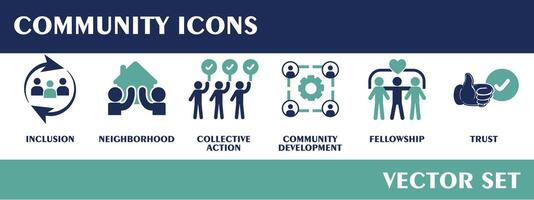 Community icons. Containing inclusion, neighborhood, collective action, community development, fellowship, trust.  Flat Design Vector Set.