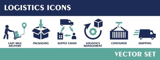 Logistics icons. Containing last mile delivery, packaging, supply chain, logistics management, container, shipping. Flat design vector set.