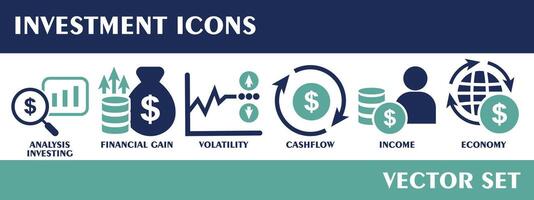 Investment icons. Containing analysis investing, financial gain, volatility,  cashflow, income, economy. Solid icon collection. Vector set.