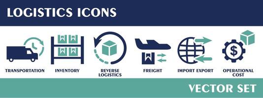 Logistics icons. Containing transportation, inventory, reverse logistics, freight, import export, operational cost. Flat design vector set.