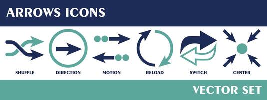 Arrows icons. Containing shuffle, direction, motion, reload, switch, center. Solid icon. Vector set collection.