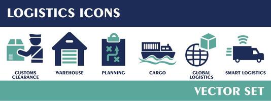 Logistics icons. Containing customs clearance, warehouse, planning, cargo, global logistics, smart logistics. Flat design vector set.