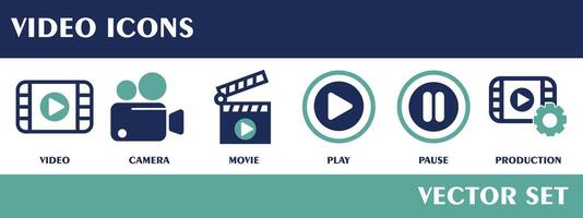 Video icons. Containing camera, movie, pause, play, production. Flat Design Vector Set.