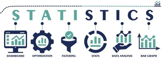 Statistics banner web solid icons. Vector illustration concept including icon as dashboard, optimization, filtering, stats, data analysis and bar graph