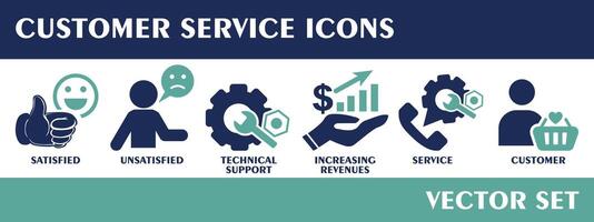 Customer service icons. Containing satisfied, unsatisfied, increasing revenues, technical support, service, customer, Solid icon collection. Vector set.