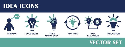 Idea icons. Containing thinking, bulb light, idea management, new idea, idea execution, innovation. Flat design vector set