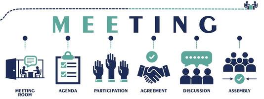 Meeting banner web solid icons. Vector illustration concept with an icon of presentation, meeting point, consultation, planning, group talk and business meeting