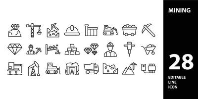 Mining, icon set. Extraction of minerals in the mine and surface, linear icons. Line with editable stroke vector