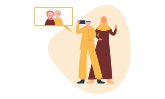 Muslim Family Contact Their Elder or Parents In Smartphone Video Call to Show Their Love in Eid Mubarak Celebration vector